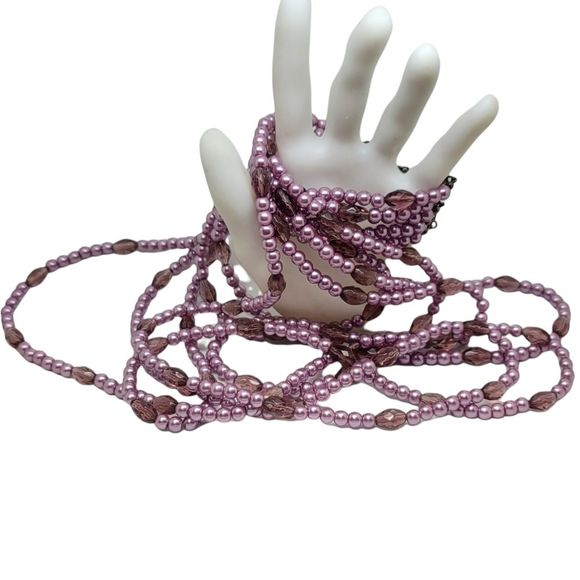 Mauve and Pink 6 Strand Faux Pearl and Glass Beads - Picture 3 of 4